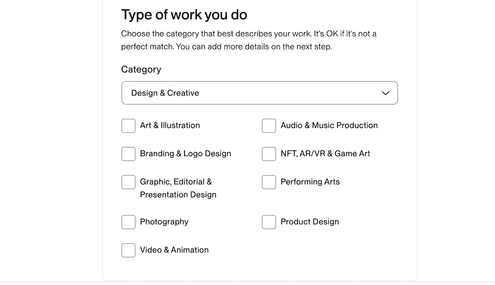 выбор категории на upwork