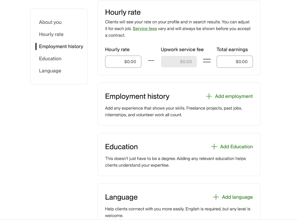 опыт работы и почасовая ставка на upwork
